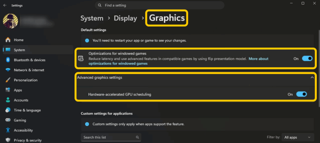 The Windows System, Display, Graphics settings showing both Optimizations for windowed games and Hardware-accelerated GPU scheduling is enabled.