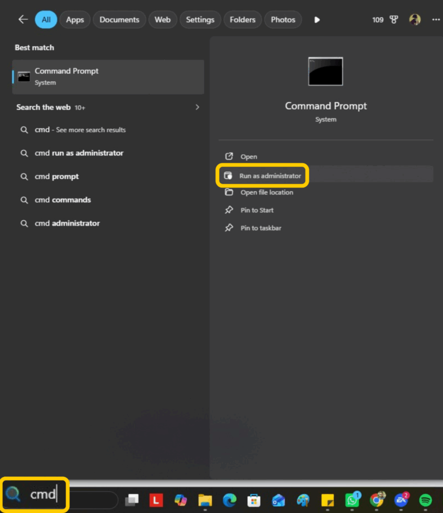 The Windows search panel with the results for "cmd" shown and the option to "Run as administrator.