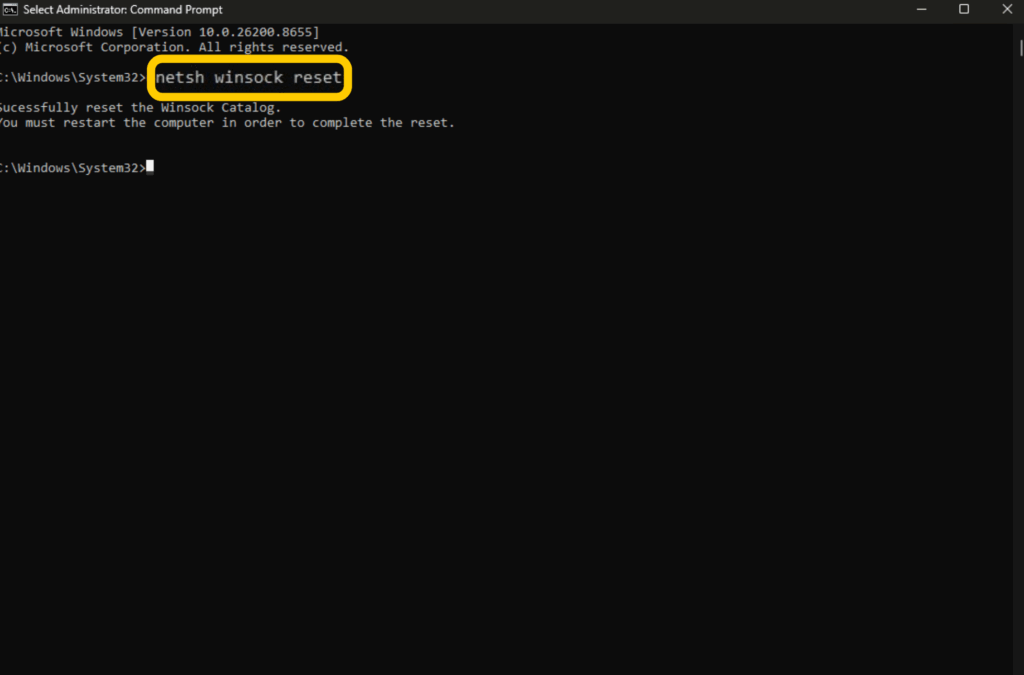 A running Windows Command Prompt window showing the successful result of running the "netsh winsock reset" command.