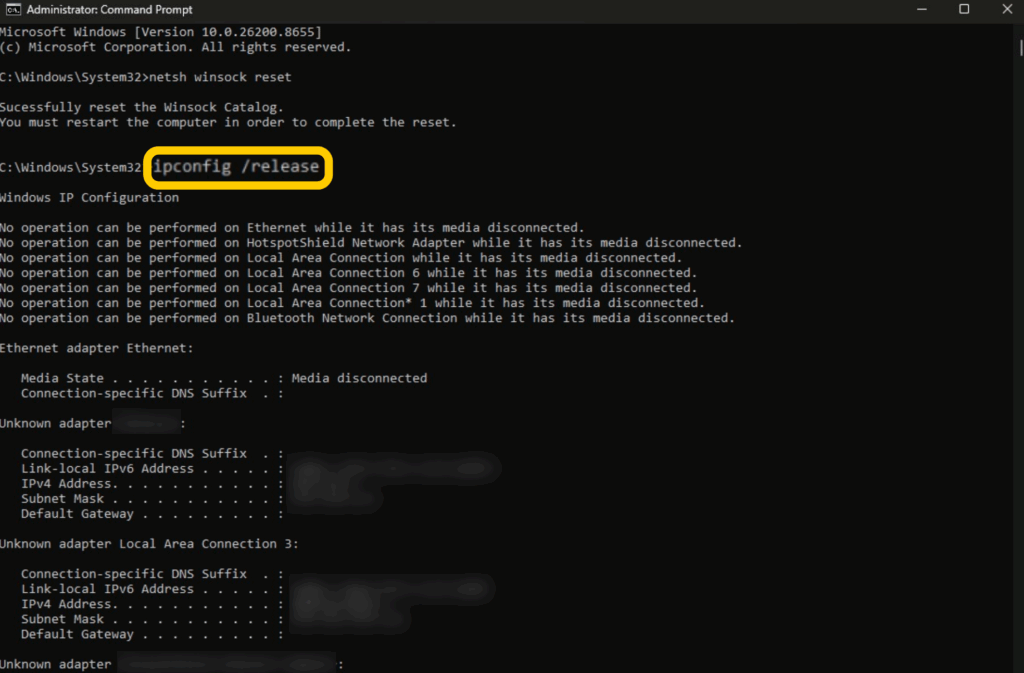 A running Windows Command Prompt window showing the successful result of running the "ipconfig /release" command.