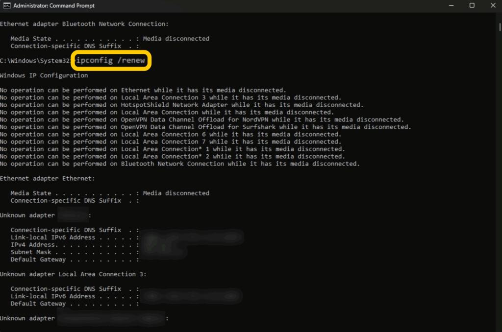 A running Windows Command Prompt window showing the successful result of running the "ipconfig /renew" command.