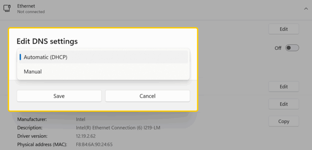 A screenshot of the Windows Edit network DNS settings window showing options for Automatic (DHCP) and Manual