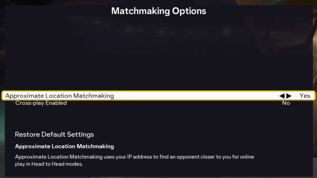 The Matchmaking Options settings panel in FIFA 26 with the "Approximate Location Matchmaking" setting switched to "Yes" and the "Cross-play Enabled" setting switched to "No."