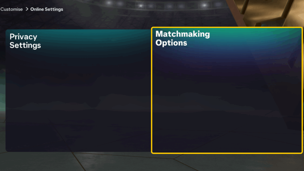 The Online Settings page in FIFA 26 showing the Matchmaking Options panel highlighted.