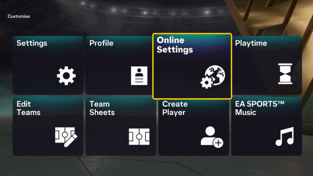The Customise menu in FIFA 26 with the Online Settings panel highlighted.