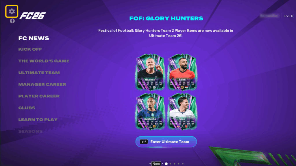 EA Sports FC 26 running on Windows, showing the main dashboard and a highlighted gear icon.