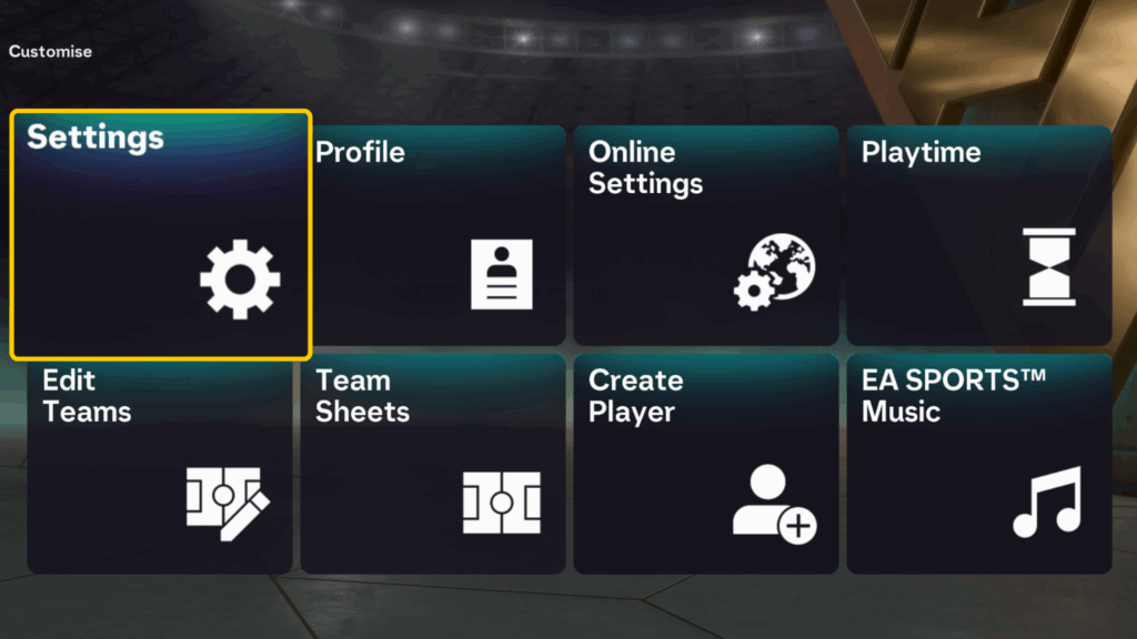 The Customise interface in FIFA 26 with the Settings panel highlighted.