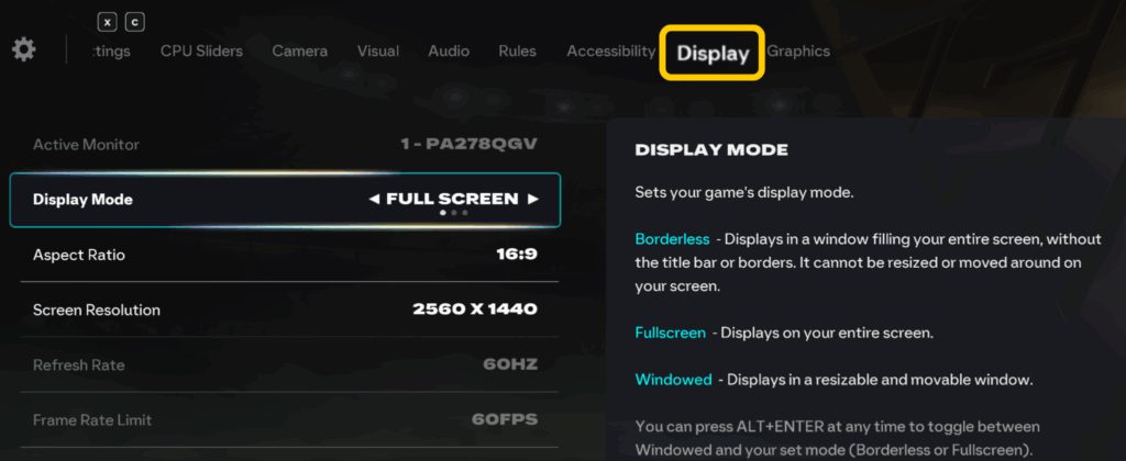 The Display settings in FIFA 26, showing the options to change the Display Mode, Aspect Ratio, Screen Resolution, Refresh Rate, and Frame Rate Limit.