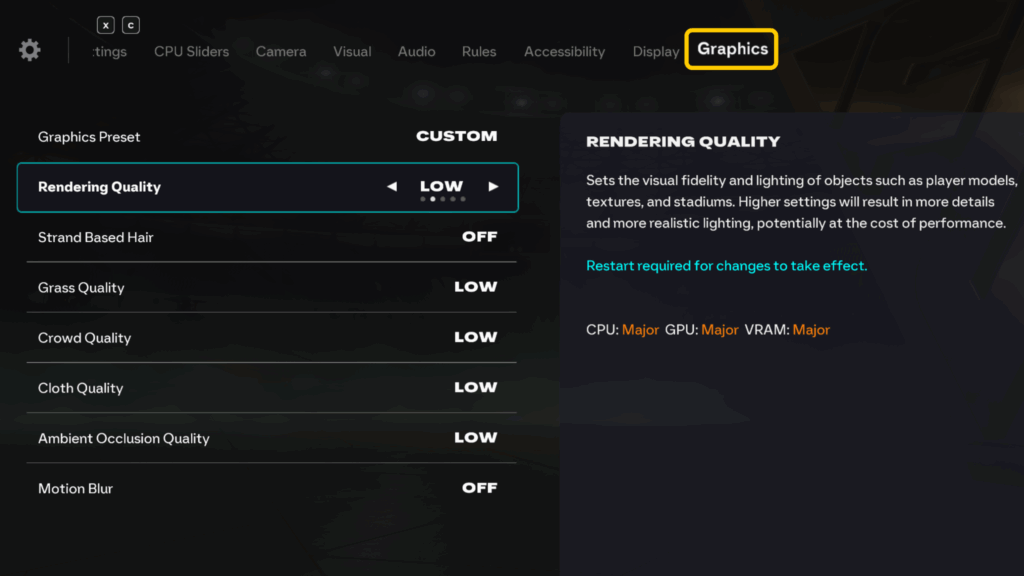 The FIFA 26 Graphics setting page, showing all settings set to LOW or OFF.