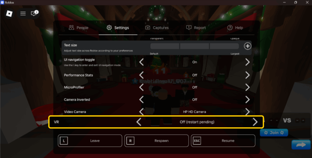 A screenshot of the Roblox settings menu showing the VR option highlighted and set to Off