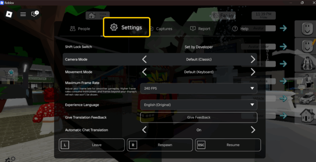 A screenshot of the Roblox in-game menu with the Settings tab highlighted
