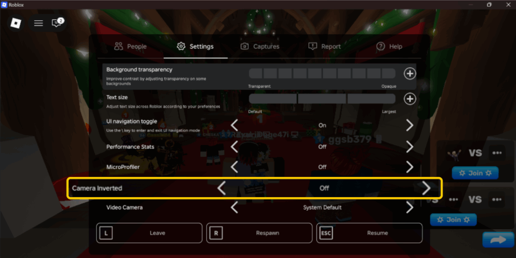 A screenshot of the Roblox settings menu showing the Camera option set to Off