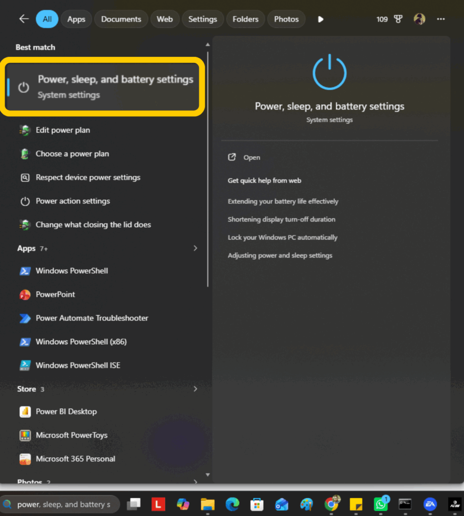 Windows search results showing the option to navigate to Power, sleep, and battery settings.