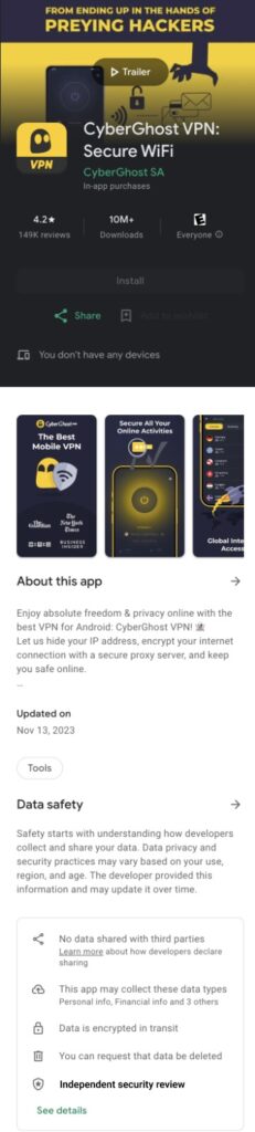 screenshot of CyberGhost VPN in the Google Play Store app showcasing security verification