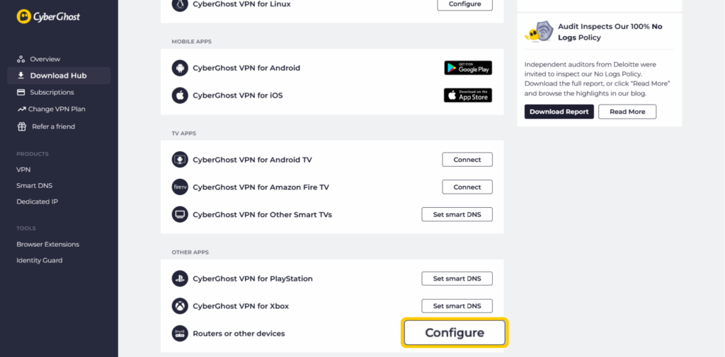 A screenshot of CyberGhost VPN's Download Hub, where users can create a router configuration.
