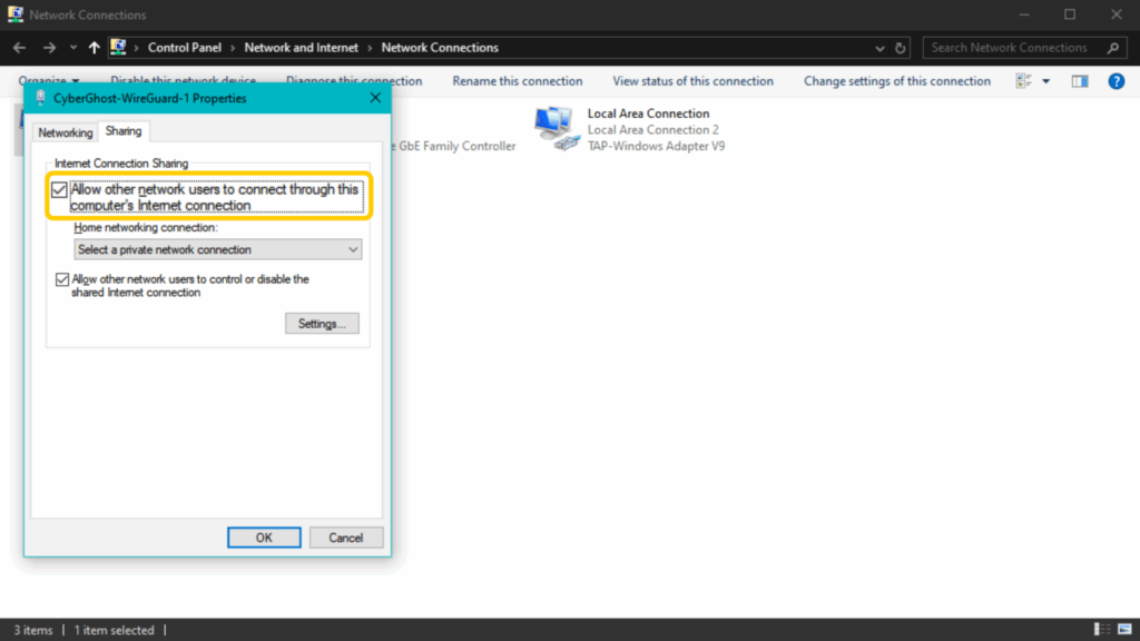 A screenshot of the VPN network's Properties dialog, showing the option to share the connection with other devices on the network.