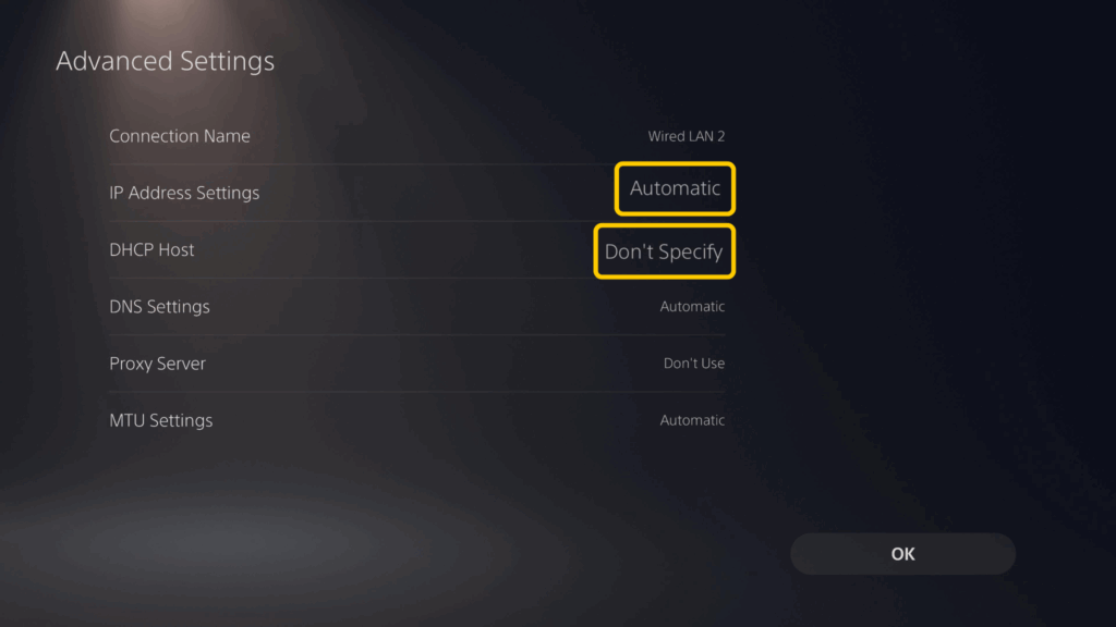 A screenshot of the "Set Up Internet Connection" menu showing the IP address settings and DHCP host.
