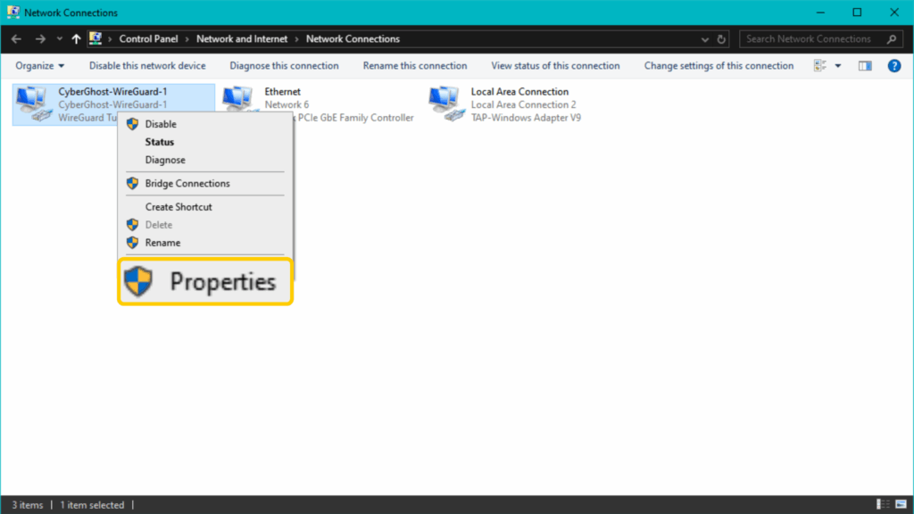 A screenshot of the Windows Network Connections menu, showing an active VPN connection.