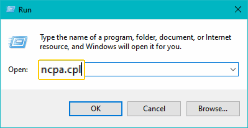 A screenshot of the Windows Run dialog box with "ncpa.cpl" typed in.