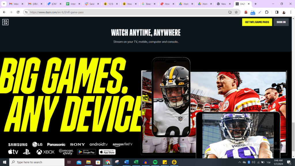 The NFL Game Pass International home page
