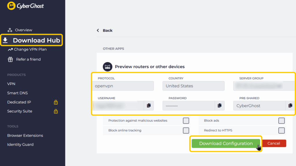 Downloading OpenVPN configuration details for routers from the CyberGhost VPN Download Hub.