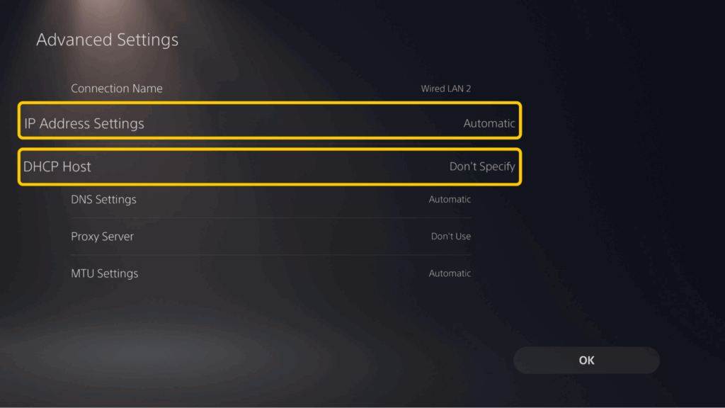 Selecting Automatic IP settings and Do Not Specify for DHCP Host Name on a PS5.