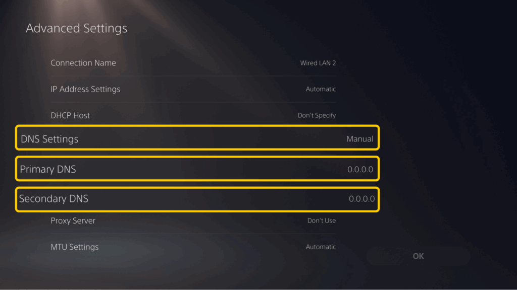 Entering a manual DNS address on a PS5 using the DNS values from CyberGhost VPN.