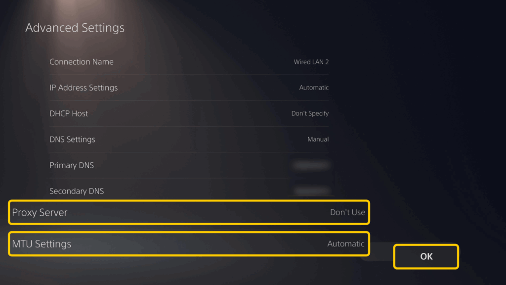 Setting Proxy Server to Don’t Use and MTU to Automatic on a PS5 network setup screen.