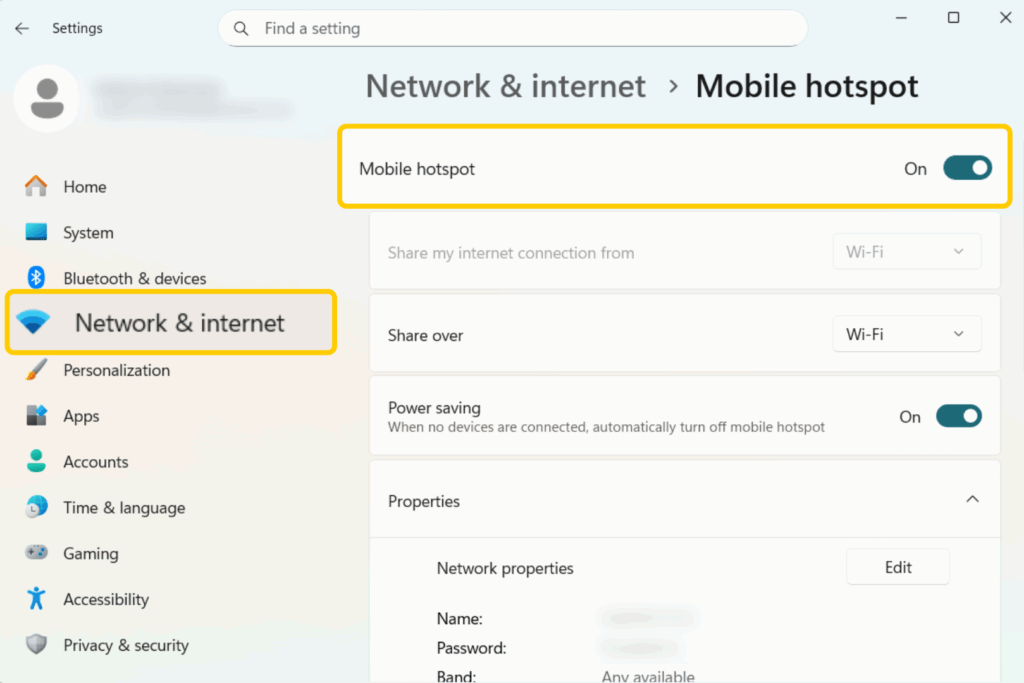 Enabling Mobile Hotspot in Windows 11 Network & Internet settings to share the PC’s internet connection.