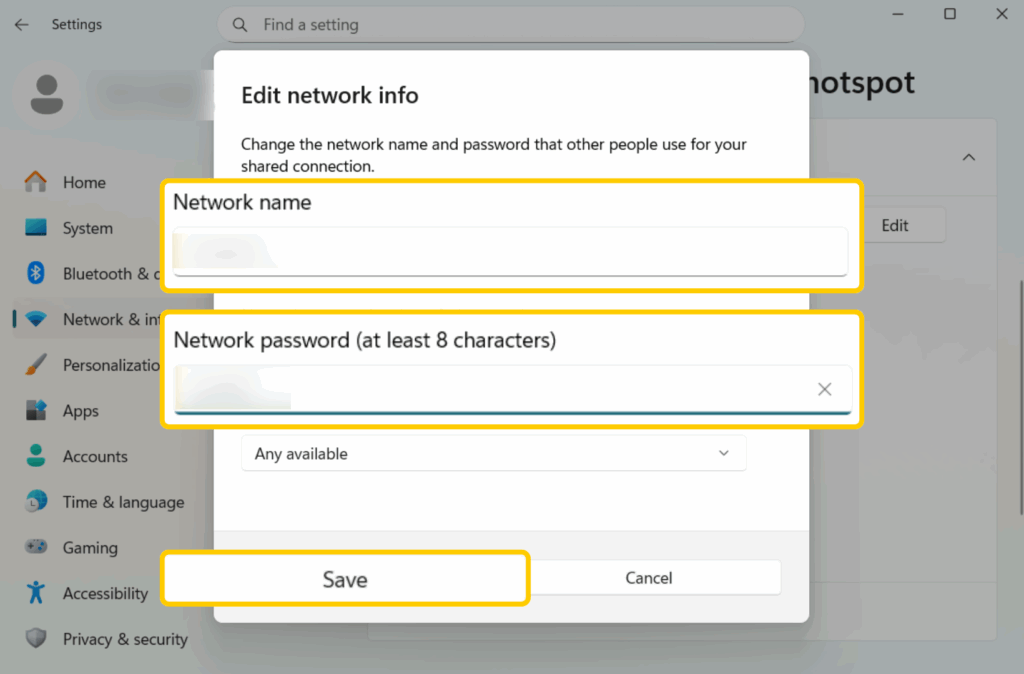 Editing the mobile hotspot name and password in the Windows 11 network info window.
