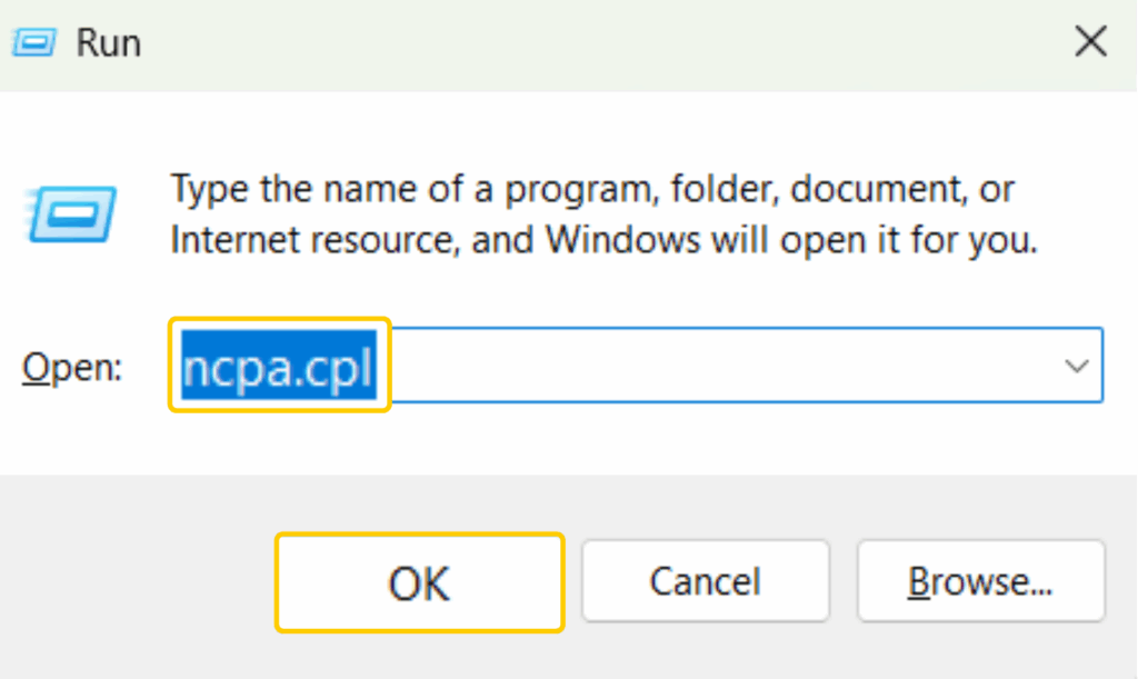 Opening Network Connections in Windows using the Run dialog with “ncpa.cpl”.