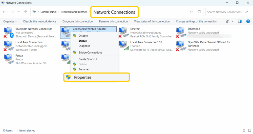 Opening VPN adapter properties from the Windows Network Connections window.