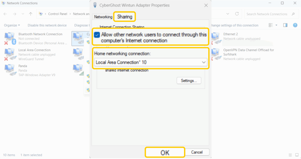 Enabling internet connection sharing in the VPN adapter properties on Windows.
