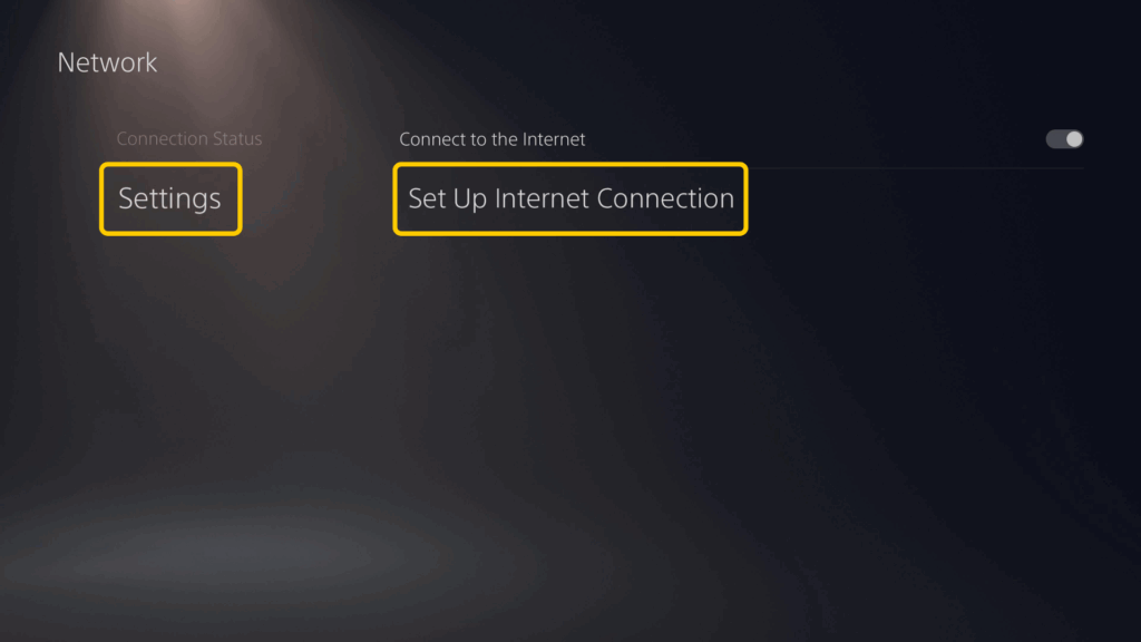 Connecting a PS5 to a hotspot through Network settings and Set Up Internet Connection.