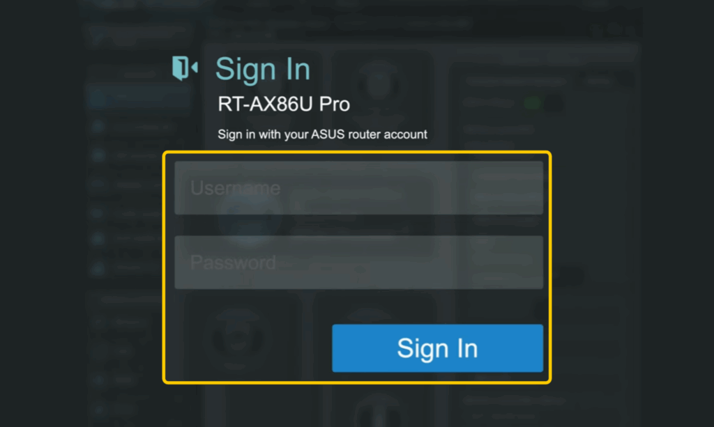 Signing in to the ASUS router admin panel with username and password.
