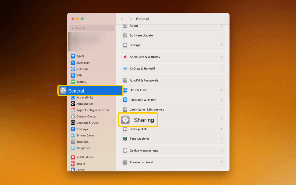 Opening Internet Sharing in macOS System Settings.