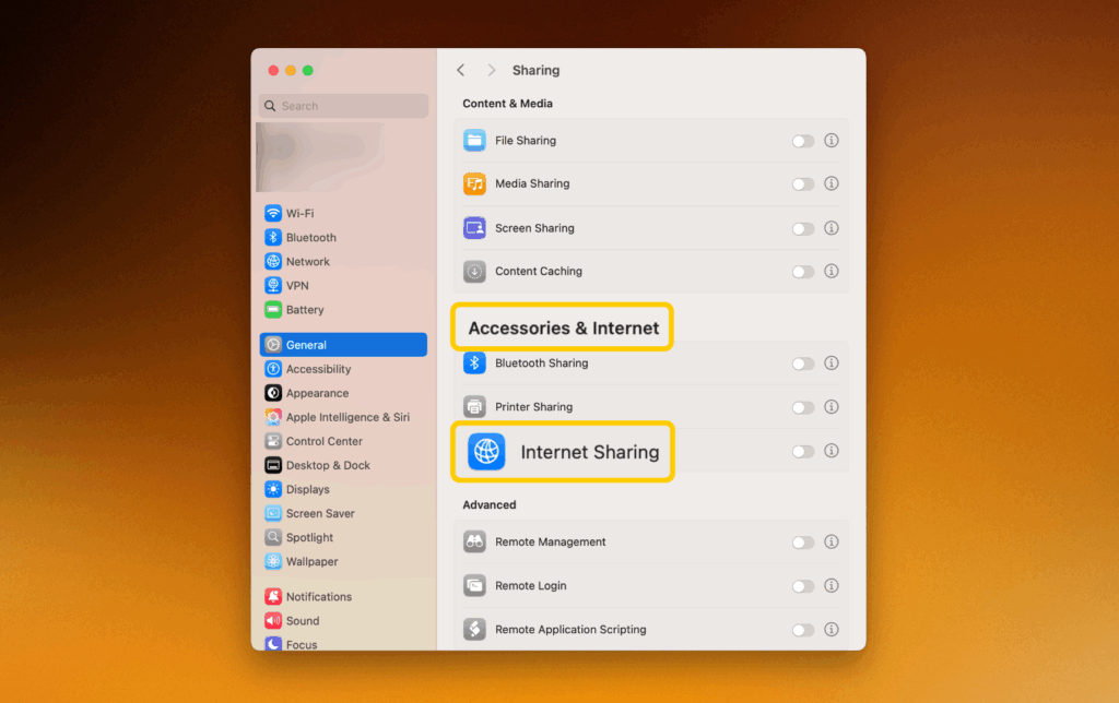 Enabling Internet Sharing on macOS in the Accessories & Internet section.