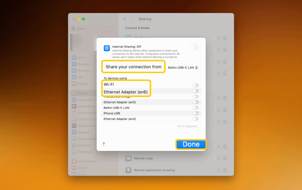 Configuring Internet Sharing on macOS with Wi-Fi and Ethernet options selected.