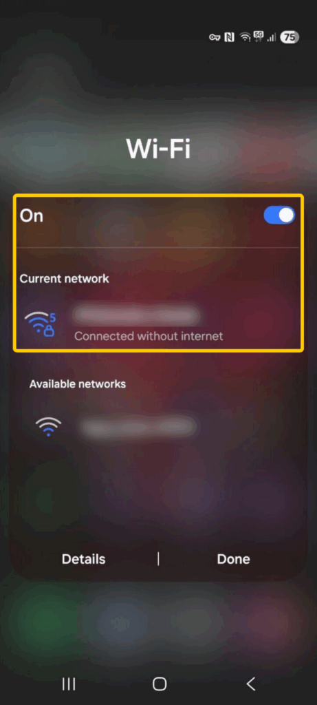 Turning on Wi-Fi in the phone’s Wi-Fi settings screen.
