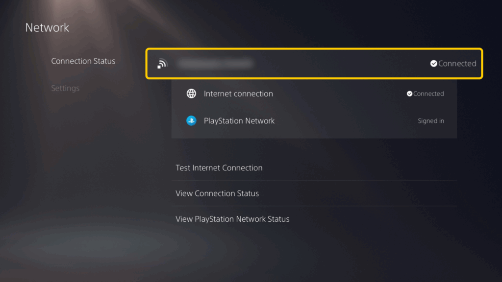 Viewing the PS5 Network settings screen with the connection status set to connected.
