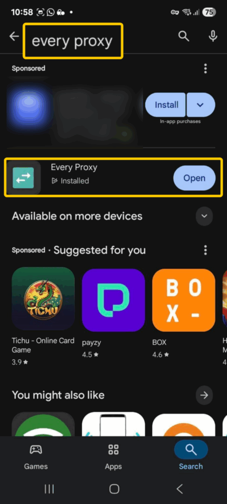 Installing the Every Proxy app from the phone’s app store.