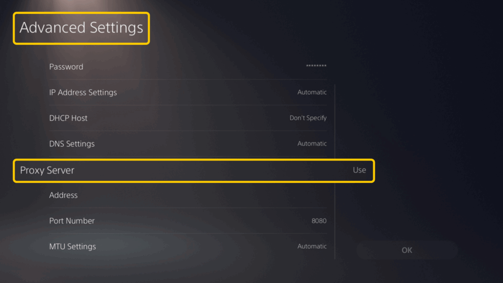 Setting the Proxy Server option to Use in the PS5 Advanced Network Settings.