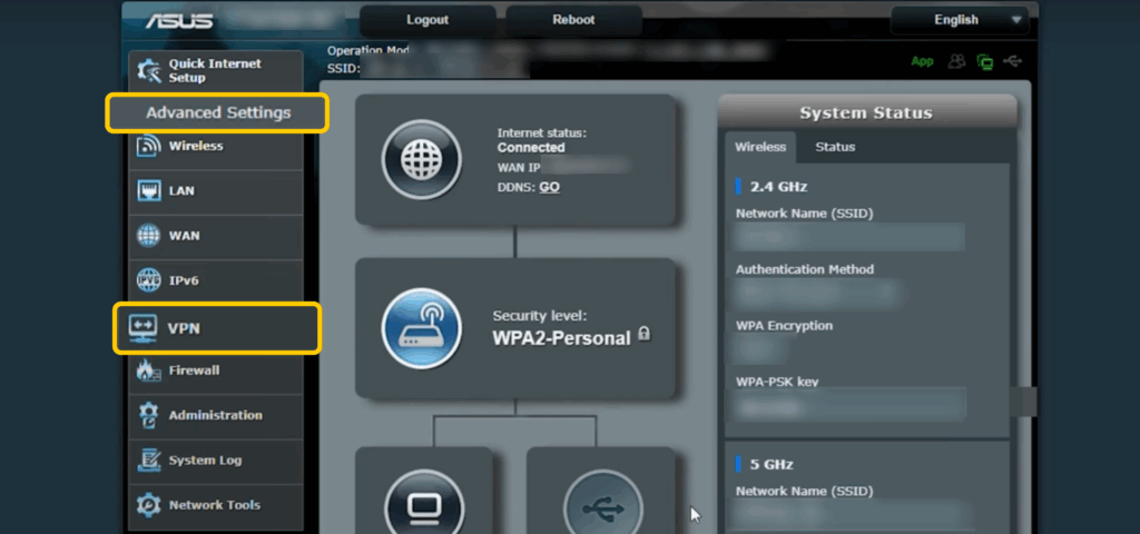Opening VPN settings in the ASUS router admin panel under Advanced Settings.