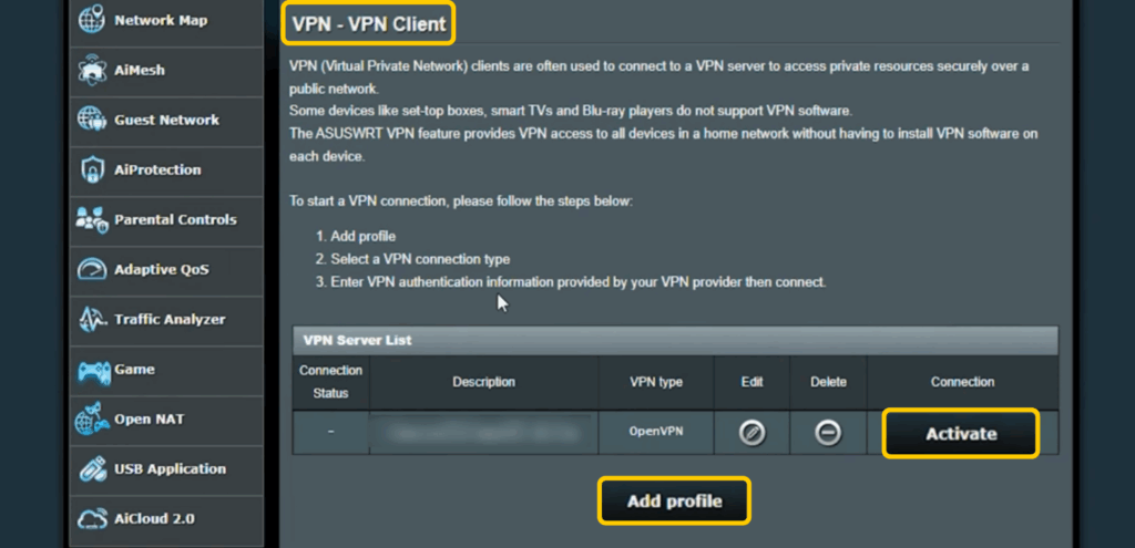 Adding a new OpenVPN profile in the ASUS router VPN Client tab with options to upload CyberGhost configuration or enter server details.