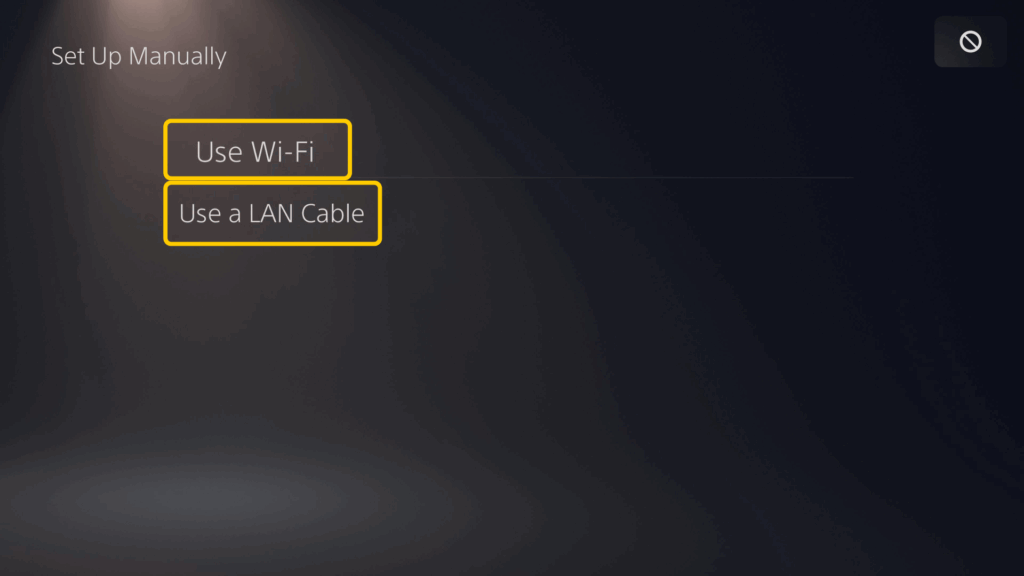 Selecting Wi-Fi or LAN cable connection type during PS5 internet setup.