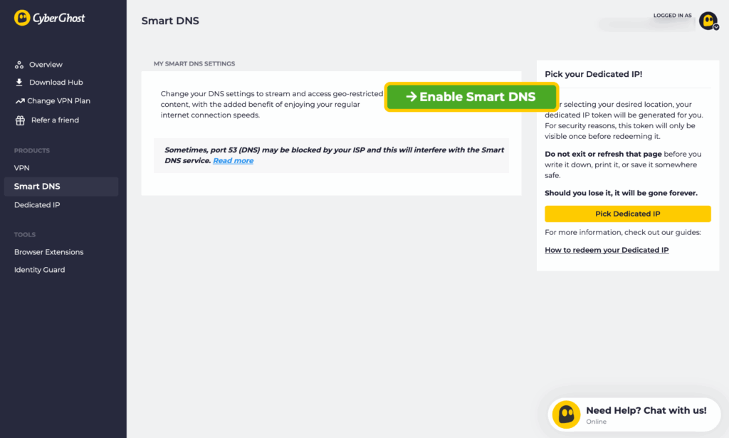 Enabling Smart DNS in a CyberGhost VPN account dashboard.