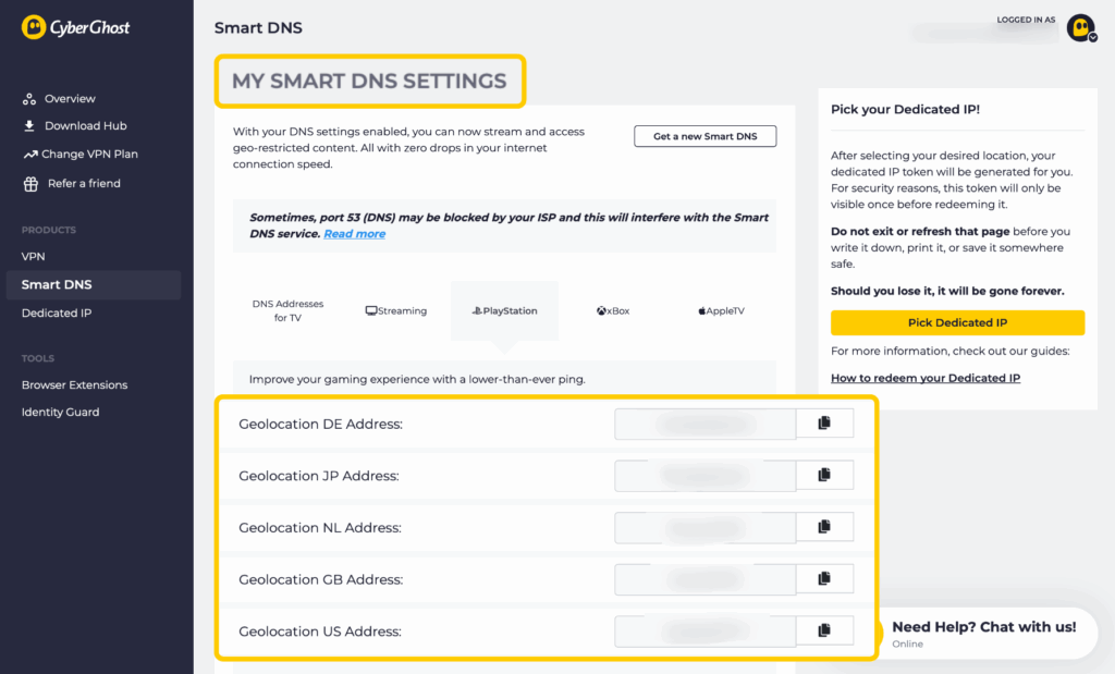 Copying a DNS server address from the My Smart DNS Settings section in a CyberGhost VPN account.