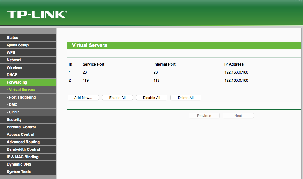 TP-Link router's port settings.