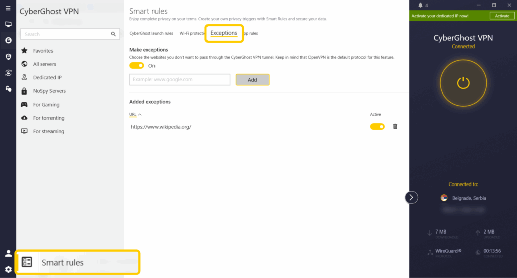 CyberGhost VPN Windows app with home screen with Smart rules outlined in yellow in the bottom left corner and Exceptions outlined in yellow under the Smart rules settings.