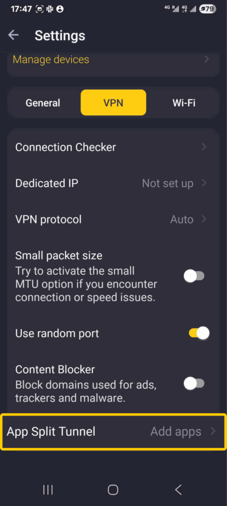 CyberGhost VPN Android app Settings screen with VPN menu active and App Split Tunnel outlined in yellow.
